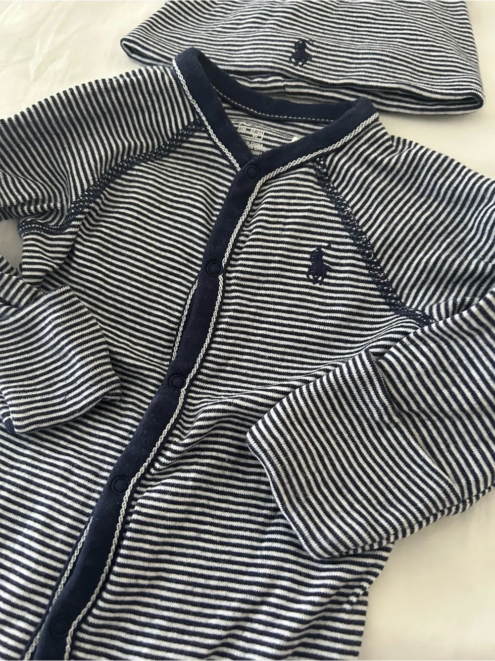 Ralph Lauren Baby Boy Striped Footie and Hat Set Navy Blue Stripes 3M